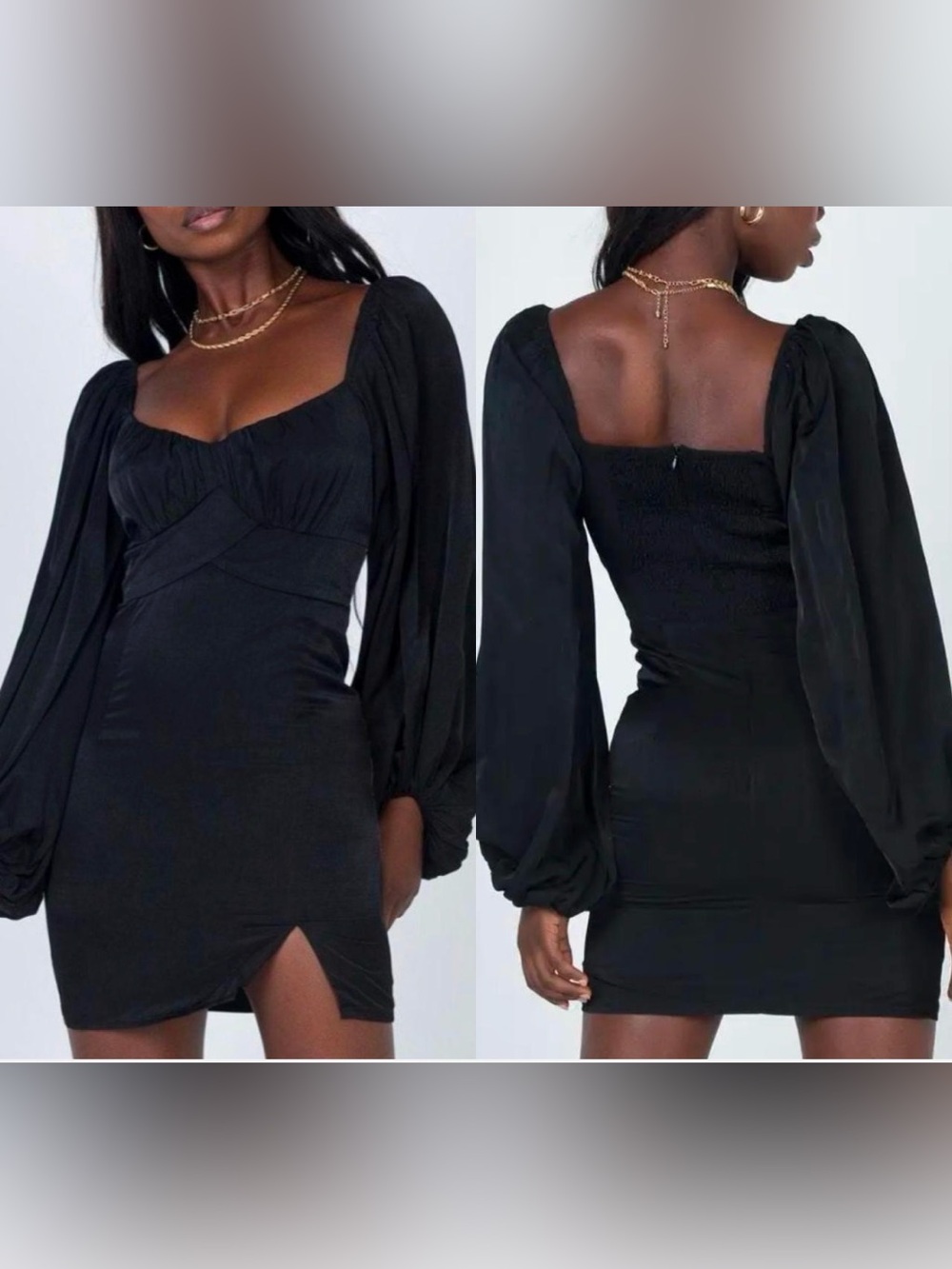 Princess Polly Black Square-Neck Long Puff Sleeve Mini Dress Size 8